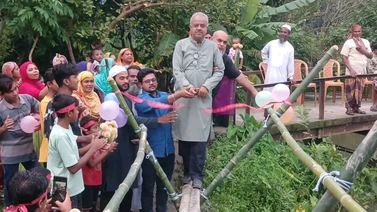 বাঁশ দিয়ে সাঁকো উদ্বোধন করলেন বিএনপি নেতা